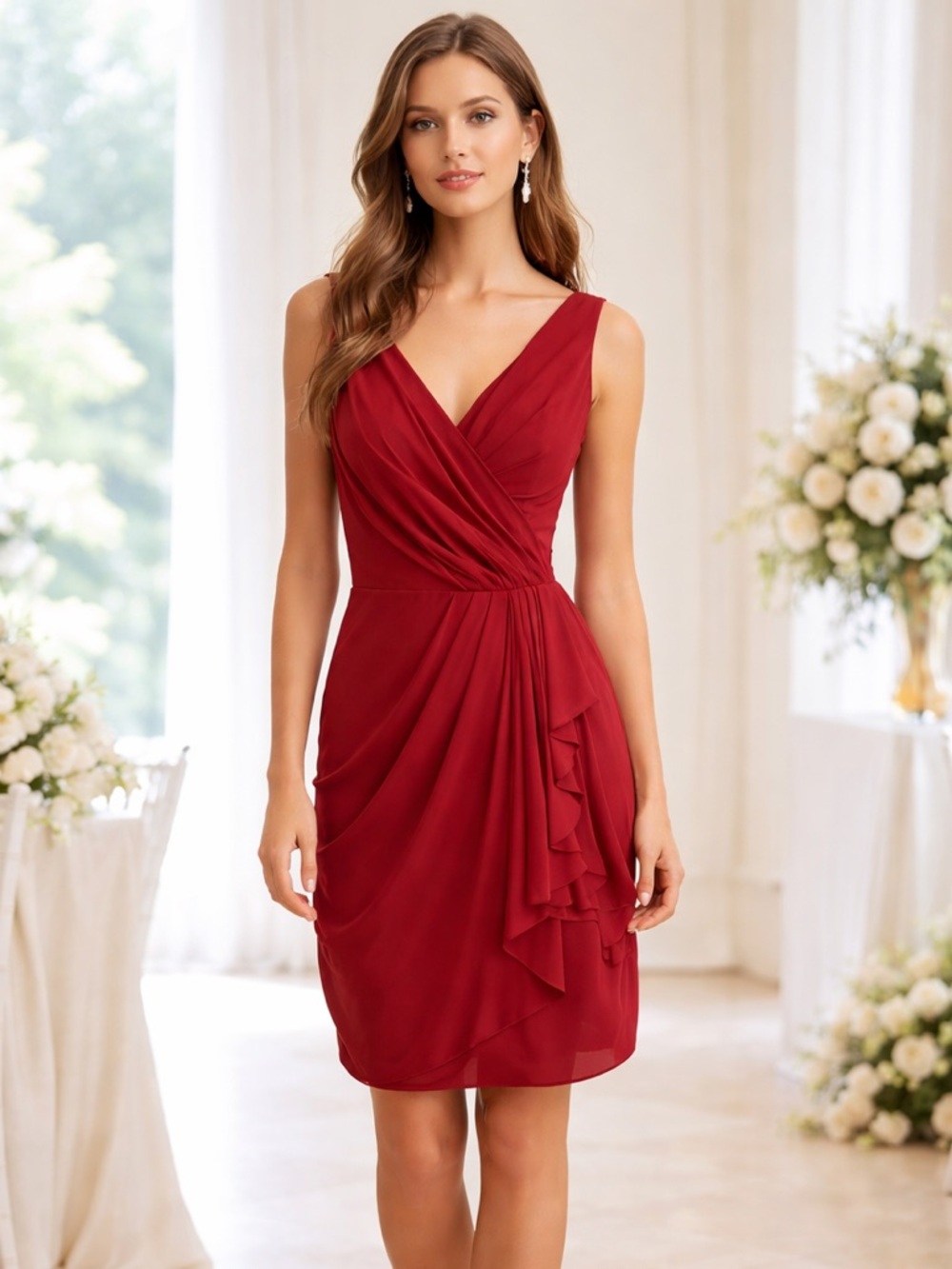Jim Hjelm - Occasions - Burgundy Chiffon Knee Length wrap front Dress